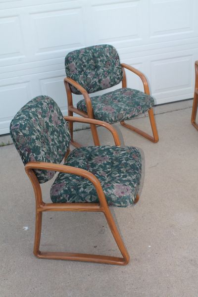 Multi Green Color Floral Conference/Office Arm Chairs With Oak Sides