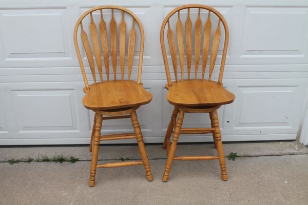 Pr. Of Solid Oak Swivel Bar Stools With Backs