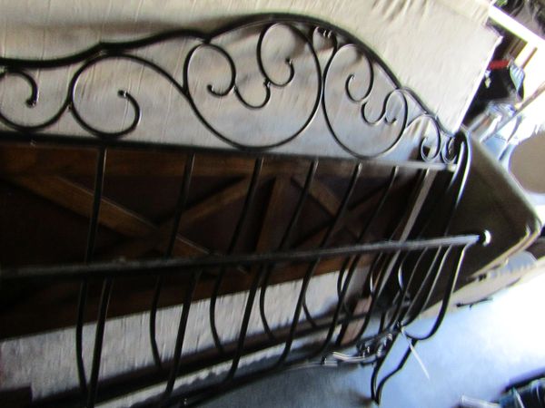 Queen Size Fancy Antiqued Iron Headboard, Footboard & 6 Wheel Metal Under Bed Frame