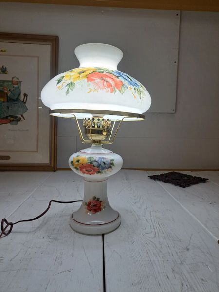 Vintage Hand Painted Milk Glass Lamp-White with Floral Design