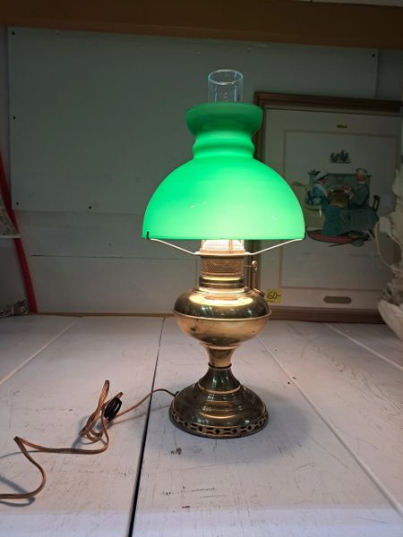 Vintage Brass and Green Glass Electric Lamp