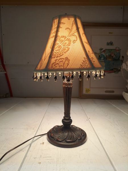 Brown Metal Base w/ Tan and White Shade w/ Beads Lamp