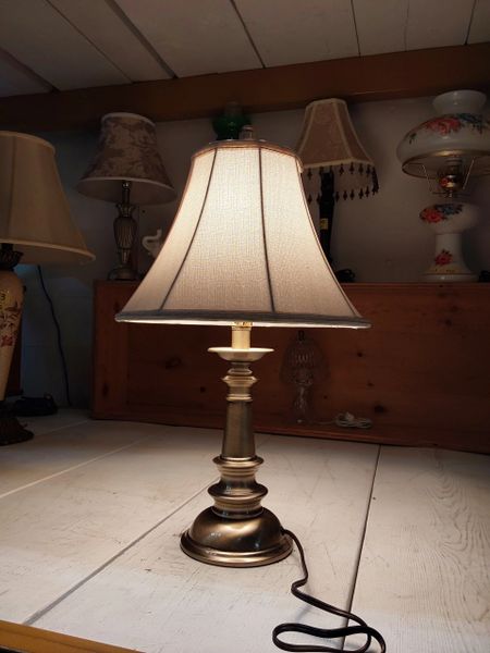 Stiffel Brushed Brass 3-Way Table Lamp w/ White Shade