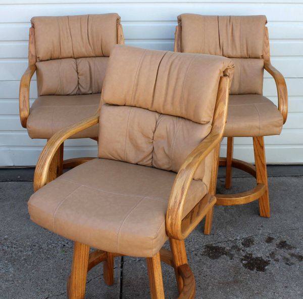 1-Solid Oak Tan Leather Swivel Bar Stool