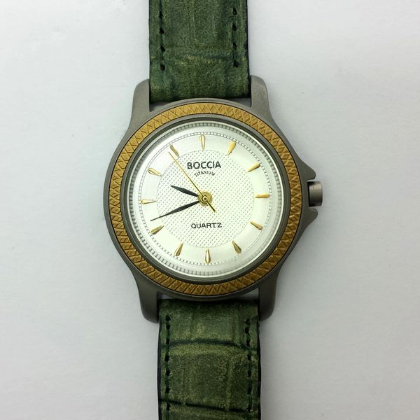 LADIES BOCCIA TITANIUM WATCH Silver Gold Tone Dial Green Genuine Leather Strap