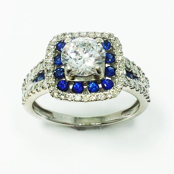 K White Gold Round Cut Cubic Zirconium Solitaire Center With Round Cut Sapphire And Ctw