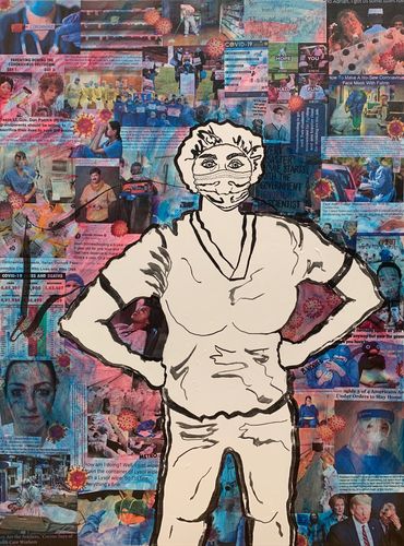 ‘Coronavirus Hero’ part of the Powerful Women Series. Mixed Media on canvas, 2020, 40x30inches