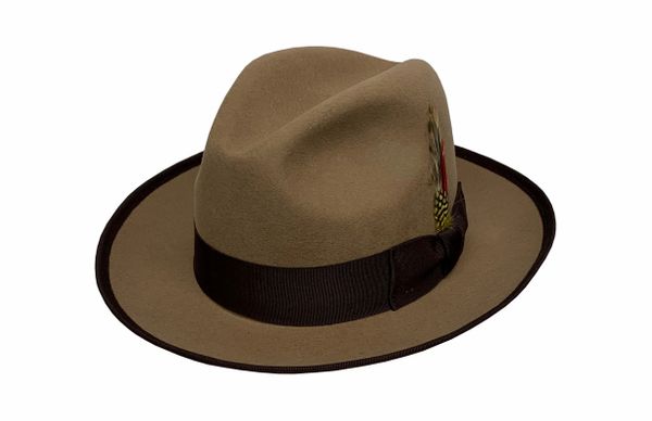 Special Gangster Fedora Hat in Camel Tan w/ Brown Band & Trim - #NHT23-74B