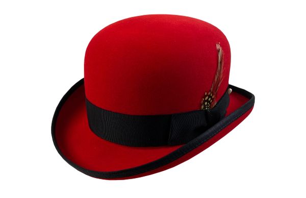 Red and store black derby hat