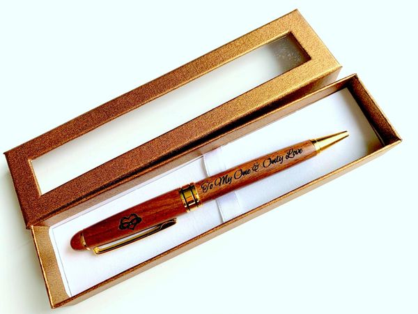 Dark Walnut Wood Custom Engraved Pen Set with Gold Gift Box