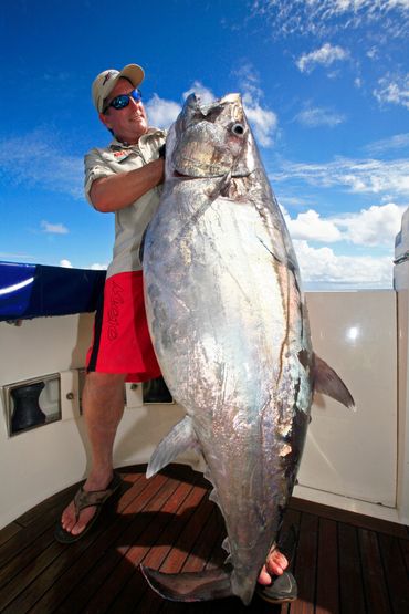 Bill Boyce with his PB dog tooth tuna. donkey dog tooth tuna in the tuamotu's