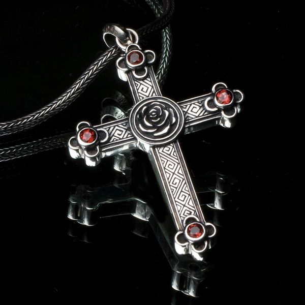 46. Cross and Rose - Sterling Silver & Garnets Necklace