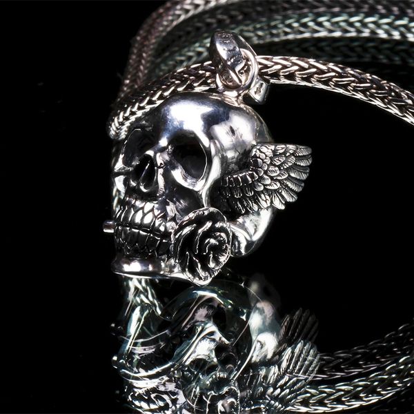 55. Winged Skull and Rose - Sterling Silver Pendant