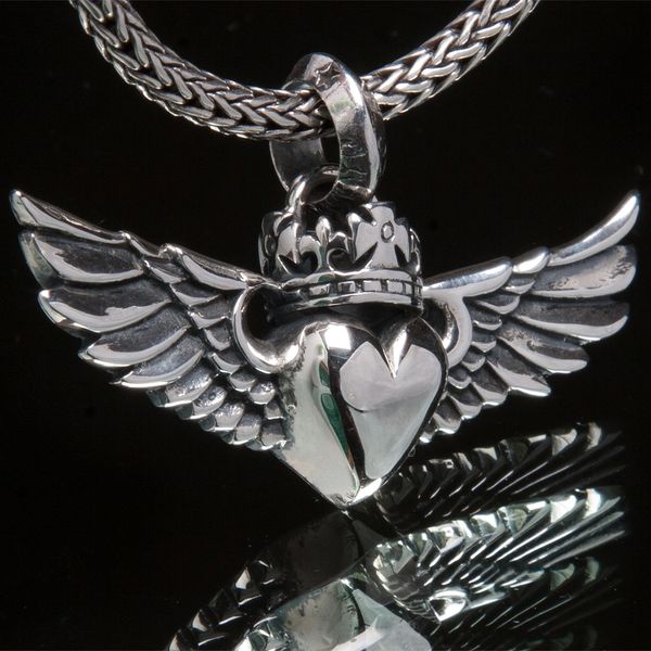 62. Heart with Wings and Crown - Sterling Silver Pendant