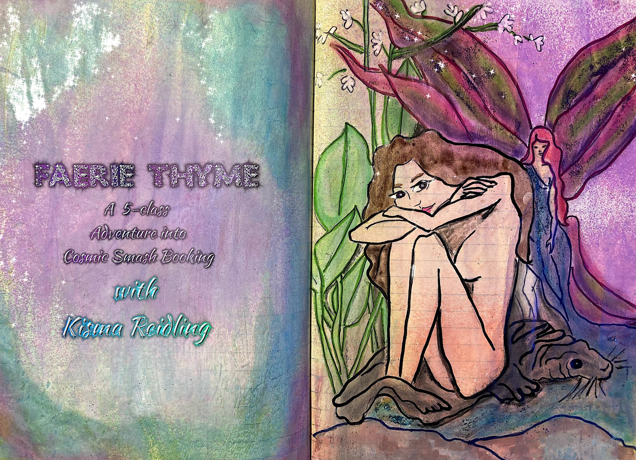 Whimsical faerie art with cosmic themes and floral background.