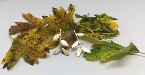 Small olive sprig silver & gold earrings