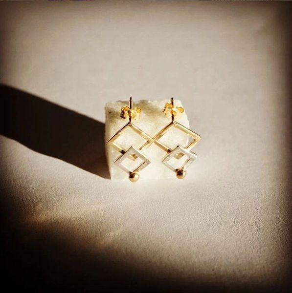 Gold and silver squares and balls earrings