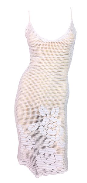 1997 Dolce & Gabbana Sheer White Crochet Floral Plunging Wiggle Dress