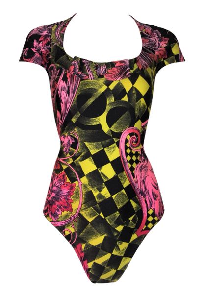 1991 Atelier Versace by Gianni Pink Black Yellow Print Bow Bodysuit Top