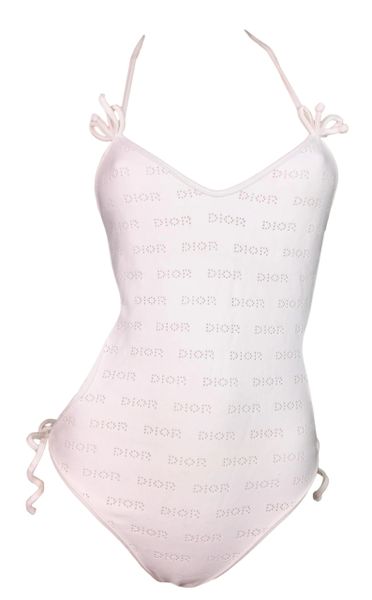 S/S 2002 Christian Dior John Galliano White Cut-Out Logo Monogram Bodysuit Swimsuit