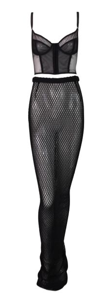 1990's Dolce & Gabbana Pin-Up Black Fishnet Bustier & Extra Long Skirt Set