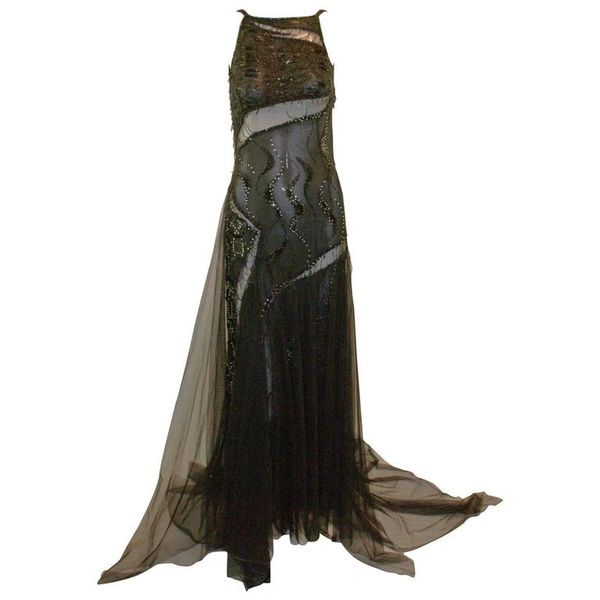 Vintage F/W 1999 Gianni Versace Runway Sheer Beaded Black Silk Gown Dress