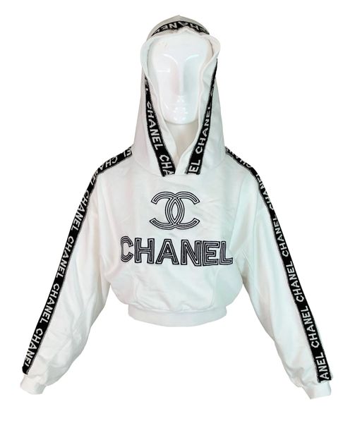 F/W 1994 Chanel White Logo Cropped Hoodie Sweatshirt