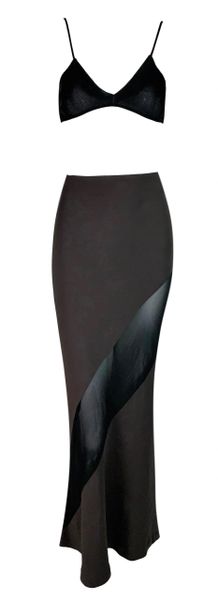 1997 Gucci Tom Ford Black Knit Bra Crop Top & Sheer Brown Panel Long Skirt Set