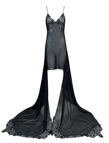 S/S 2001 Jean Paul Gaultier Sheer Black Lace Trim Hi-Low Gown Mini Dress