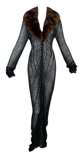 F/W 1997 Dolce & Gabbana Pin-Up Sheer Black Long Knit Gown Dress Sable Collar