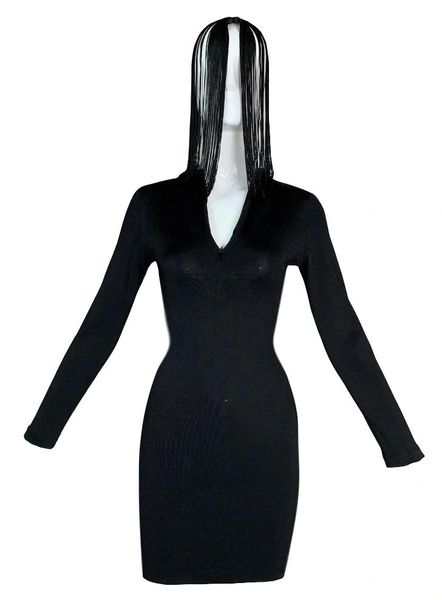 C. 1992 Jean Paul Gaultier Black Bodycon Bandage Fringe Hooded Mini Dress