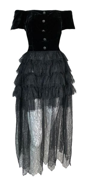 F/W 1991 Chanel Runway Off Shoulder Velvet & Lace Gown Dress