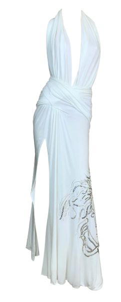 S/S 2000 Gianni Versace Runway White Plunging High Slits Beaded Gold Medusa Gown Dress