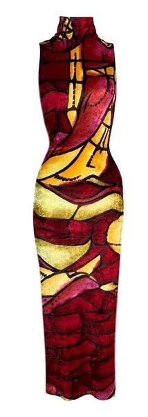 F/W 2000 Christian Dior John Galliano Red & Yellow Velvet Stained Glass Dress