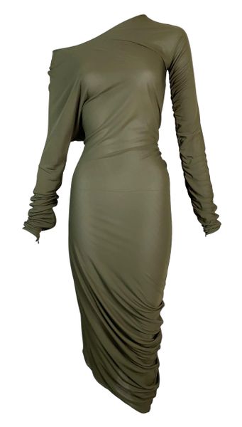 2000's Jean Paul Gaultier Sheer Green Asymmetrical Off Shoulder Ruched Dress