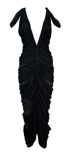 S/S 2003 Yves Saint Laurent Plunging Black Ruched Mummy Wrap Wiggle Dress