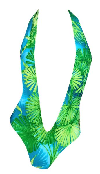 S/S 2000 Gianni Versace Plunging Palm Print Backless Swimwear Swimsuit