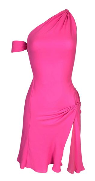 F/W 2002 Gianni Versace Runway One Shoulder Neon Pink Silk High Slit Mini Dress