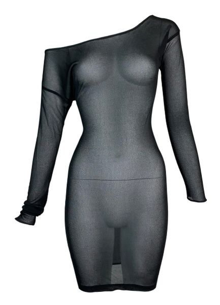 1997 Gucci Tom Ford Sheer Black L/S Off Shoulder Gauze Mini Dress