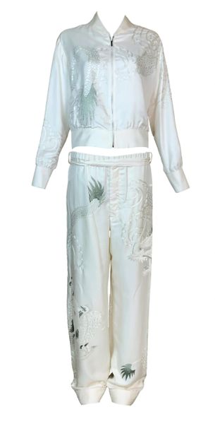 2001 Gucci Tom Ford Ivory Silk Chinese Dragon Embroidered Jacket Pant Tracksuit