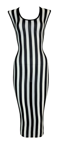 1993 Gianni Versace Sheer Stretch Silk Black & White Striped Wiggle Dress 44