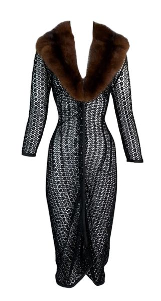 1997 Dolce & Gabbana Sheer Black Knit Cardi Sweater Dress w Sable Collar