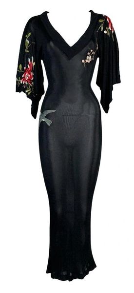 2000's Jean Paul Gaultier Plunging Sheer Black Embroidered Kimono Long Dress