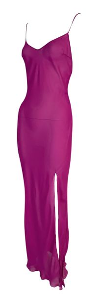 S/S 2004 Christian Dior Sheer Magenta Hot Pink Silk Plunging Slip Dress w Slit