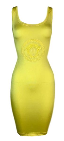 S/S 1996 Gianni Versace Neon Yellow Medusa Logo Bodycon Mini Dress