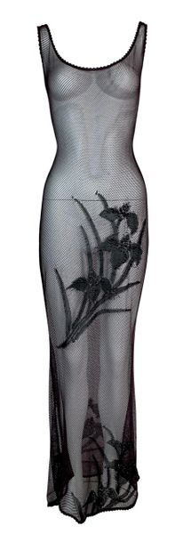 F/W 2000 Christian Dior John Galliano Sheer Fishnet Embellished Maxi Dress