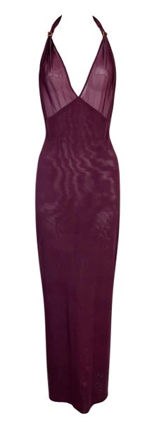 S/S 2001 Christian Dior John Galliano Sheer Burgundy Mesh Plunging Maxi Dress