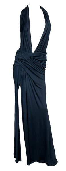 S/S 2000 Gianni Versace Runway Plunging Black High Slit Gown Maxi Dress