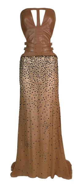 F/W 2001 Gianni Versace Runway Sheer Brown Silk & Leather Crystal Gown Dress