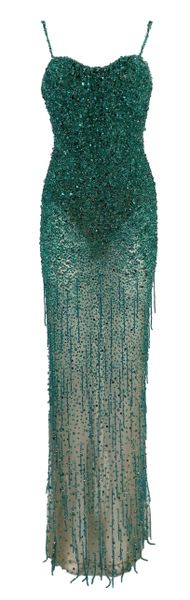 Roberto Cavalli Couture Sheer Nude Mesh Green Beaded Bodysuit Gown Dress